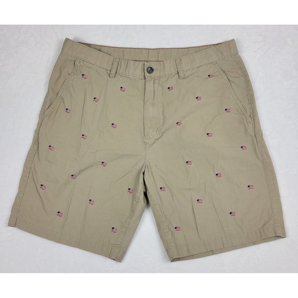 Eddie Bauer Shorts Mens 35 Beige All Over Flag Fourth 4 Of July USA‎ Patriotic - Picture 1 of 9